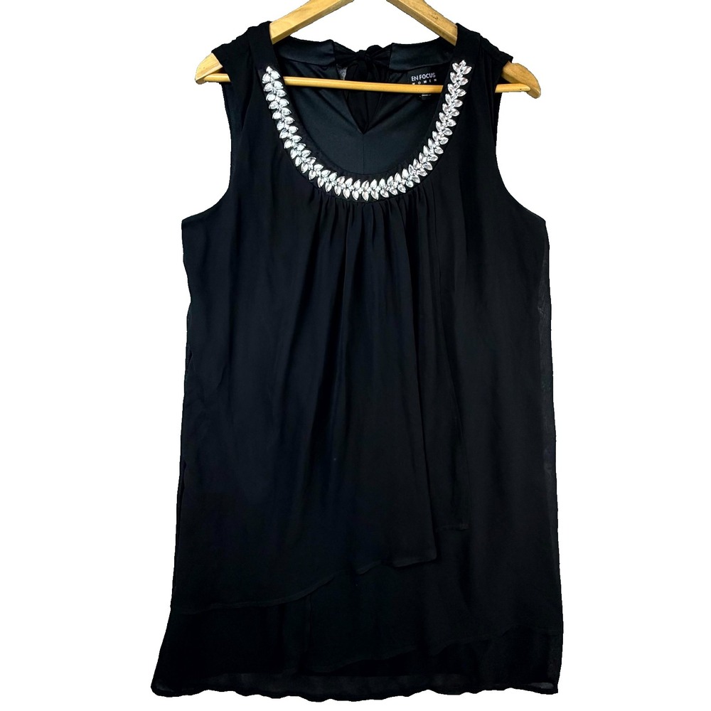 En Focus Mini Dress Womens 14W Black 90s Noir LBD Flowy Bling Evening